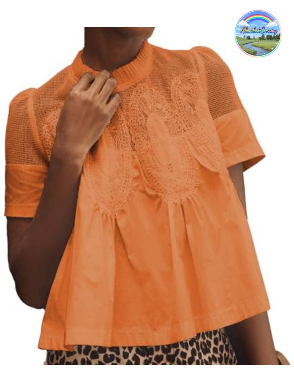 Women's Lace Detail Flared Blouse Short Sleeve Crew Neck Poplin Mesh Swing Top